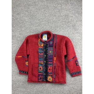 Newari Sweater Womens S/M Red Wool Button Front Boho‎ Embroidered Cardigan Folk